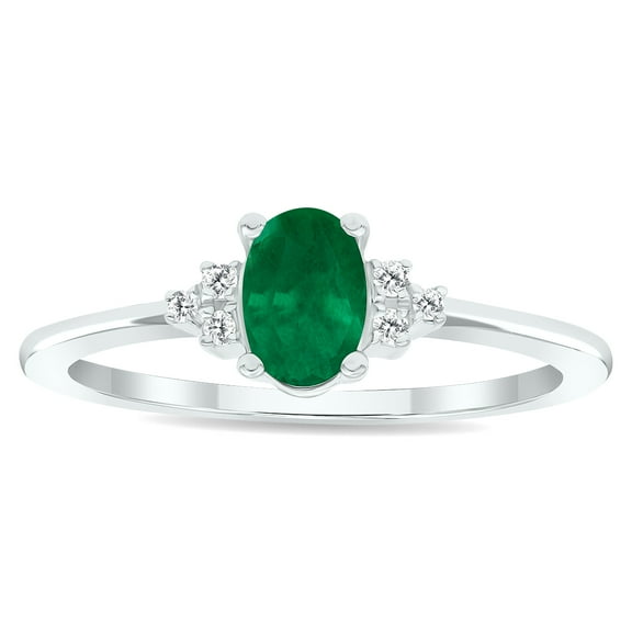 SZUL Women's Emerald and Diamond Half Moon Ring in 10K White Gold