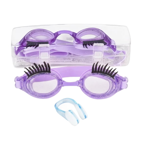 Junior Swimming Goggles with Decorative Lashes, Anti-Fog No Leak UV Protection for Ages 4-16, Soft Silicone Cushion, Adjustable Quick-Release Strap, Purple