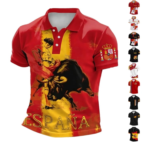Soccer Cup 2026 Jersey for Men, Polo Collar Short Sleeve Spain Bullfighter Graphic Top - Breathable Fan Shirt for Match Day & Casual Wear Black L