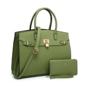 RAGSTO 2 Pieces Women Satchel Handbags and Wallet Set Faux Leather Top Handle Tote Bags with Shoulder Strap, Olive-Size L