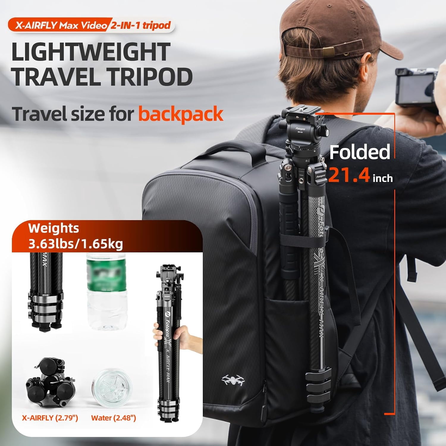Fotopro X-Airfly Max Video 67.3" Carbon Fiber 2-in-1 Tripod and Monopod, Ball Head & Fluid Head, 4-Sec Lightweight Camera Tripod Stand, Macro Photography, Hidden Phone Clip, Max Load 13 lbs, Grey