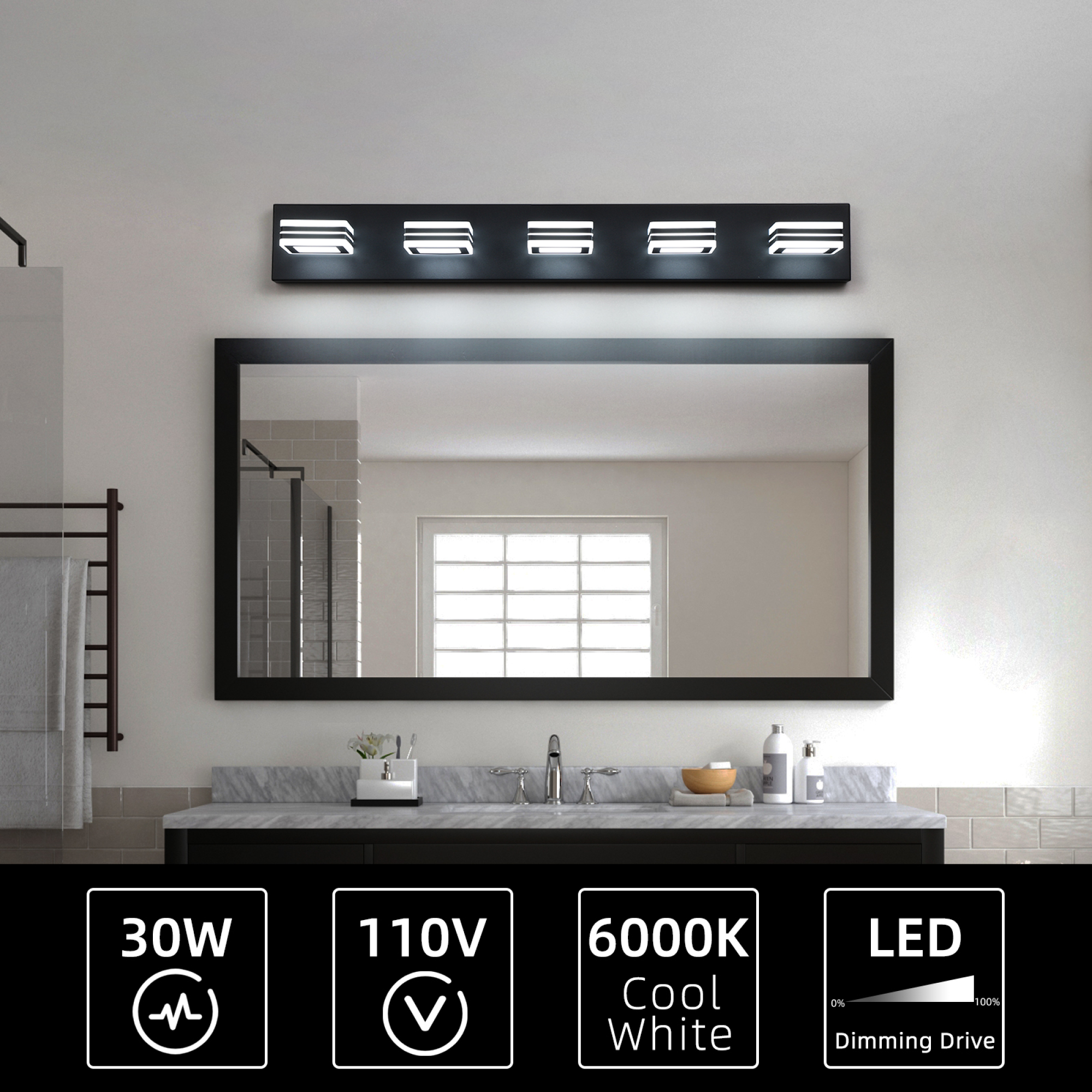 Leumius 32" Modern 5-Light LED Vanity Light, Square Acrylic Lampshades Wall Mount Fixture for Mirror, Bathroom, Bedroom and Hallway Black