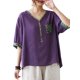 thumbnail image 1 of Blusa holgada para mujer, cuello en V, media manga, empalme, estilo vintage, informal, 1 of 8