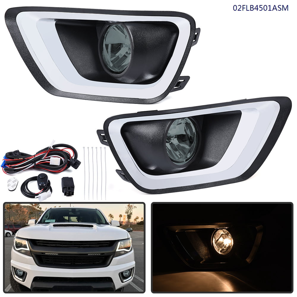 Pair Amber Lens Fog Light Lamps w/Chrome Trim Bezel Cover+Switch Compatible with Chevy Colorado 15-19 
