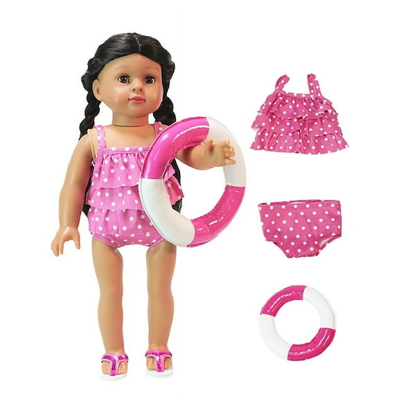 Hot Pink Polkadot 2-Piece Bathing Suit with Float for 18-Inch Dolls | American Fashion World
