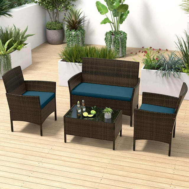 Costway 4 PCS Patio Furniture Set withWashable Cushions and Tempered Glass Coffee Table Blue