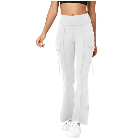 Amzcrzy Leggings Acampanados Mujer Cintura Alta Elásticos Yoga Ligeros Realzan Glúteos Color Liso Ajustado Casuales Bolsillos Laterales Tallas S-2XL Blanco