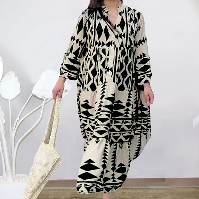 Pisexur Robe à Manches Longues Col en V Mode Imprimée Décontractée Robe Femme
