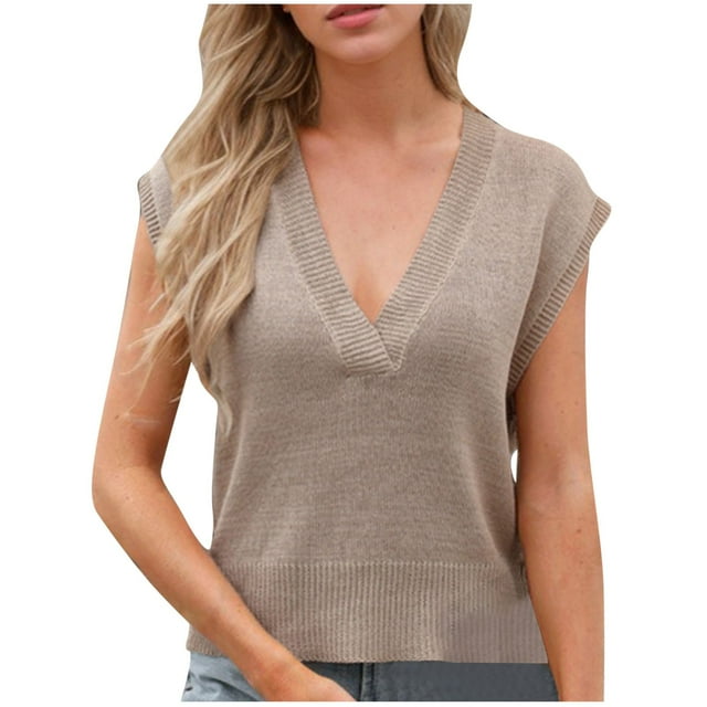 Dealovy Chandail Sans Manches pour Femmes, Casquette, Haut en Tricot à Col en V, Chandail à Enfiler, Camisoles, Tricot Léger, Coupe Ample
