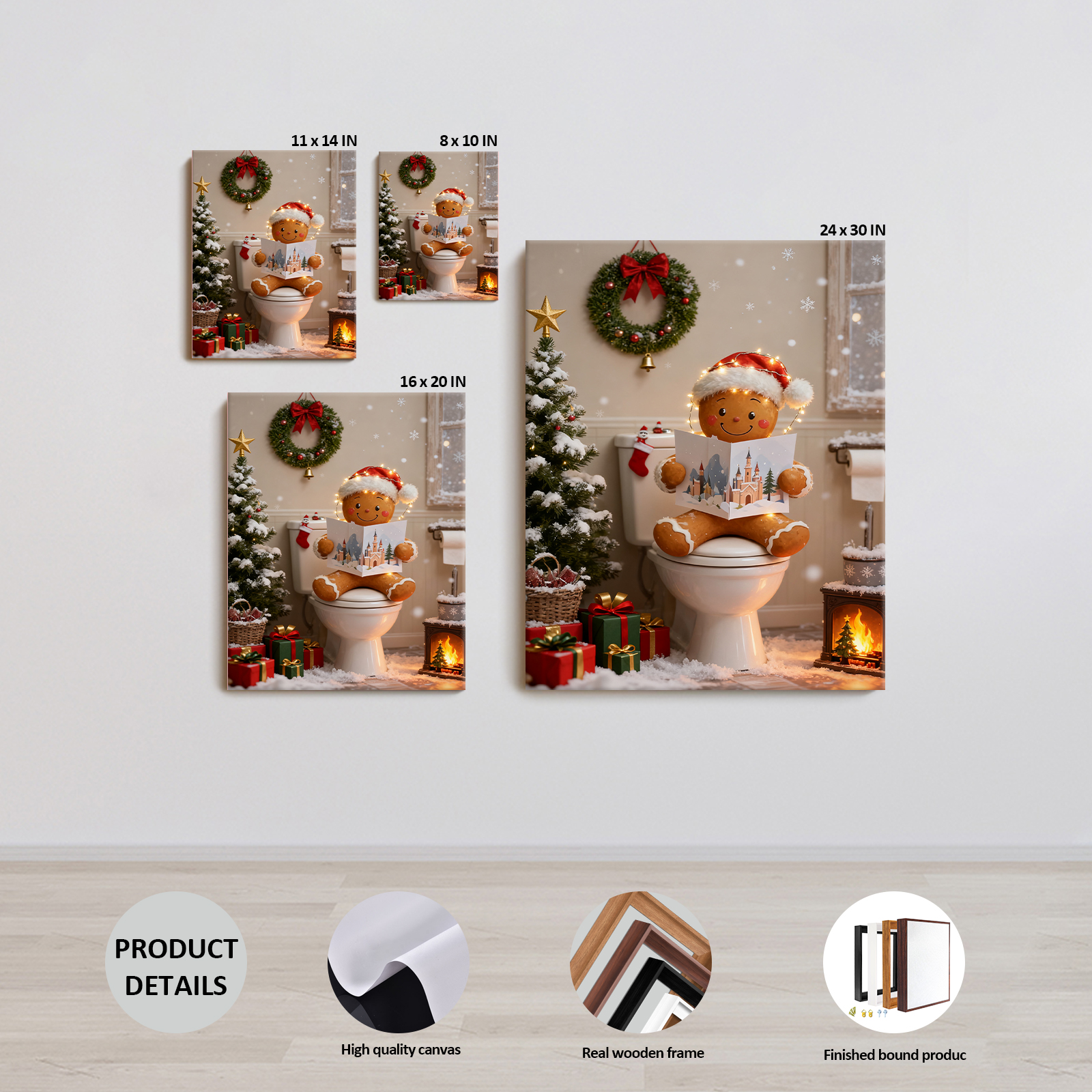 P&L Art Gingerbread Man Christmas Bathroom Canvas Wall Art, Festive Decor with Santa Hat & Lights, Framed Canvas Print