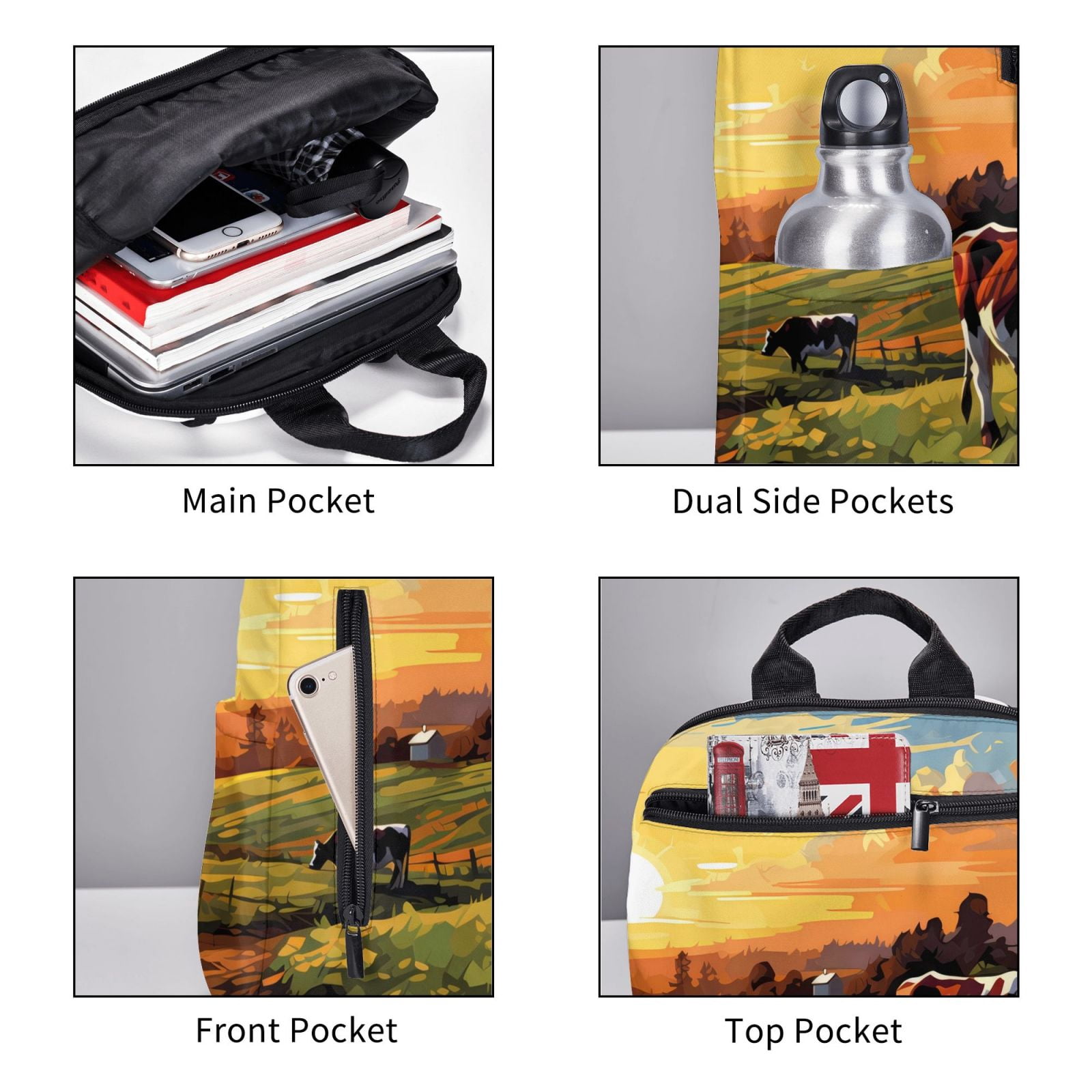 Xecao Oil Painting Style Pasture Cow print Backpack For women men Aesthetic Lightweight Travel Daypack Simple Cute Backpack For Bookbag