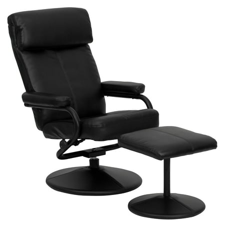 Flash Furniture Jenny Contemporary Multi-Position Headrest Recliner and Ottoman with Wrapped Base in Black LeatherSoft