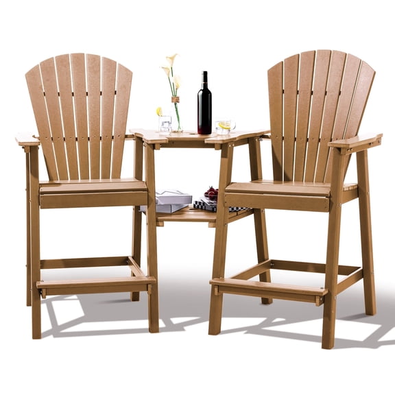Tall Adirondack Chairs Set of 2HDPE Outdoor Adirondack Barstools with Double Connecting Tray Patio Stools Weather Resistant for Outdoor Deck Lawn Pool Backyard, Teak