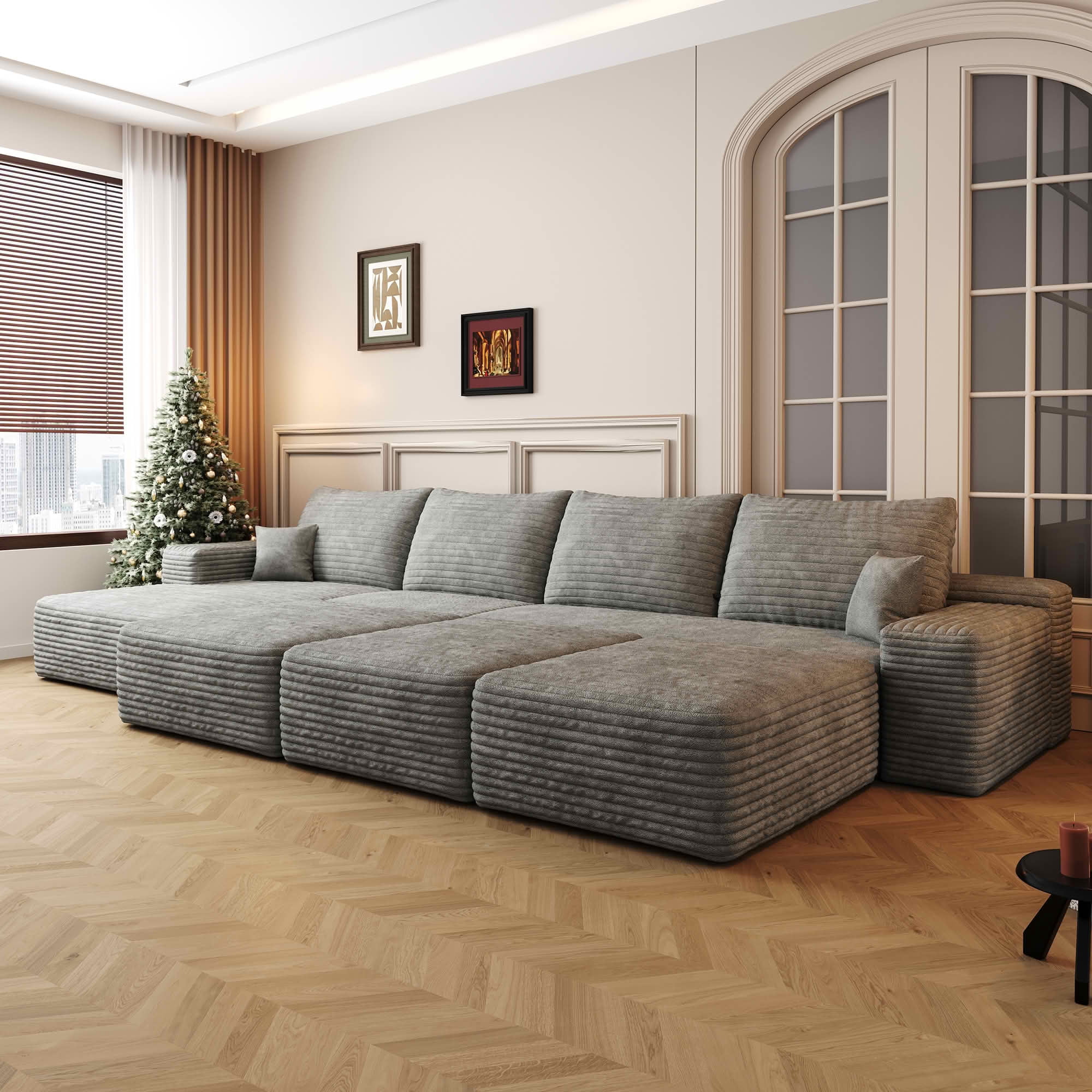 MAYEERTY 135" 6-Seat Modular Cloud Sofa Bed, Large Size Living Room Sofa, Plush Corduroy Fabric, No Assembly Required, Gray