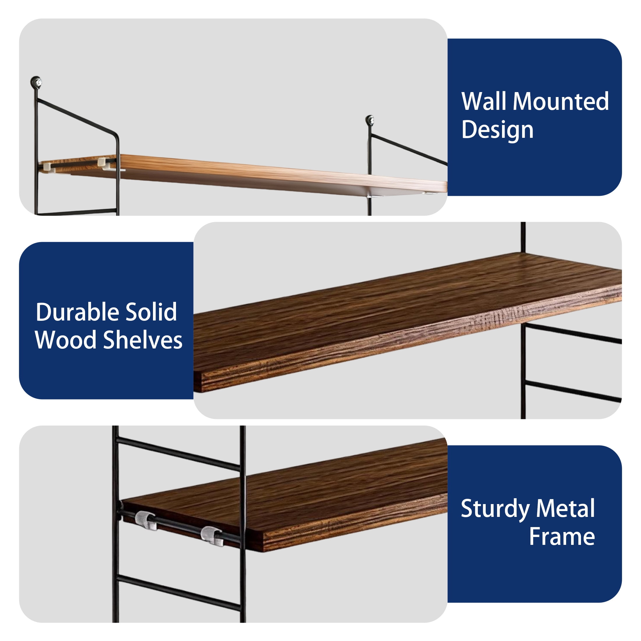 GARITIN Floating Shelves for Wall, 3-Tier Wall Shelves with Adjustable Shelf, Wood Storage Shelf for Books, Room Decor, Hanging Shelf for Living Room, Bedroom
