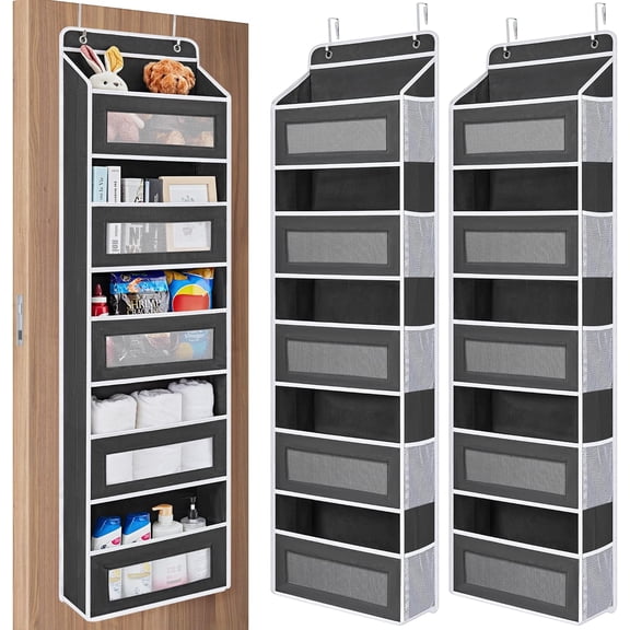 2 Pack Over the Door Organizer Storage, 5 Shelf Hanging Door Organizer with 5 Large Capacity Pockets, Anti Tilt 44 lb Load Behind Door Storage for Bedroom, Bathroom, Pantry, Nursery, (dark gray)