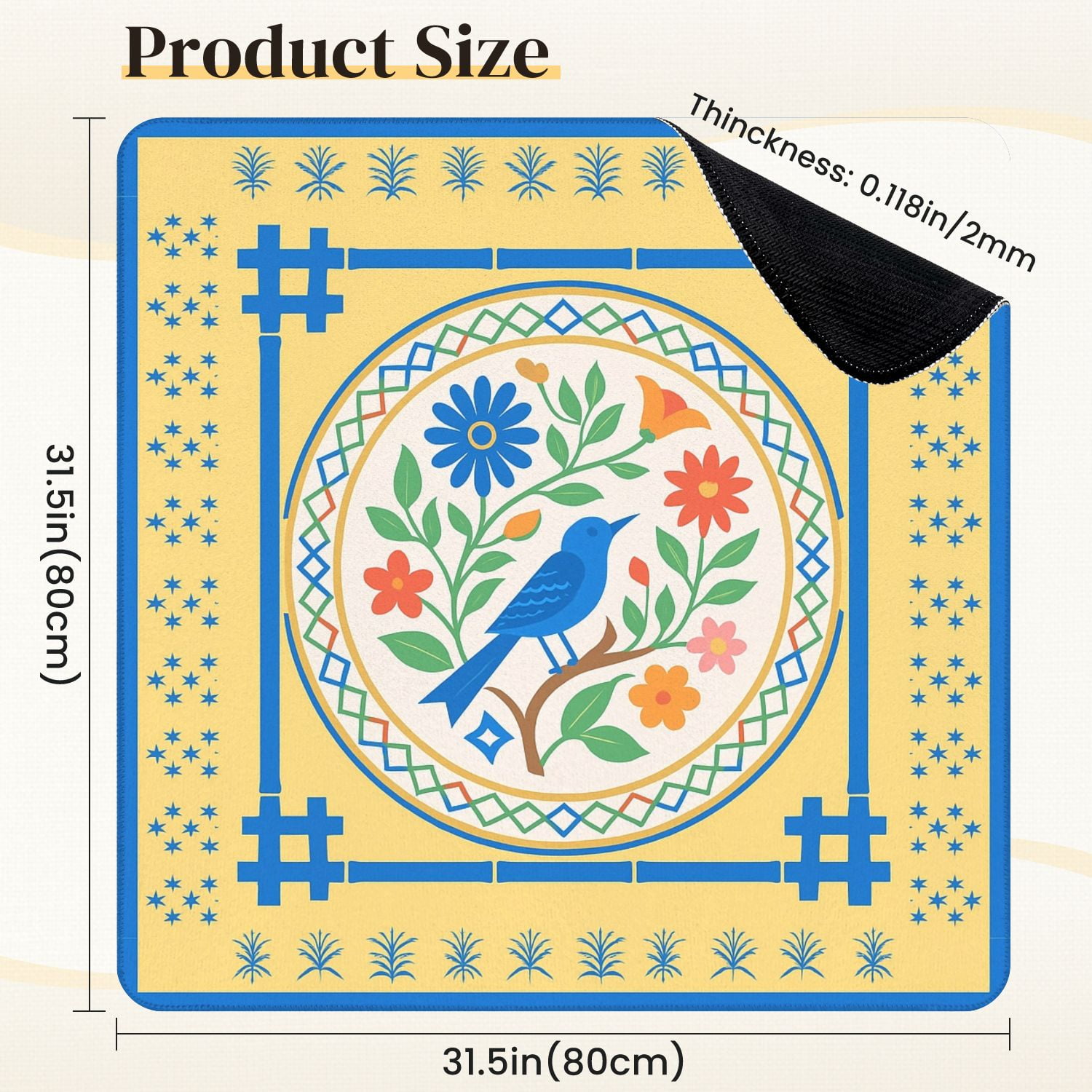 Mahjong Mat 31.5" x 31.5" Blue Bird Colorful Anti-Slip and Noise Reduction Symmetry Design Mahjong Tiles Table Cover for Dominoes Poker Card Board and Tile Games