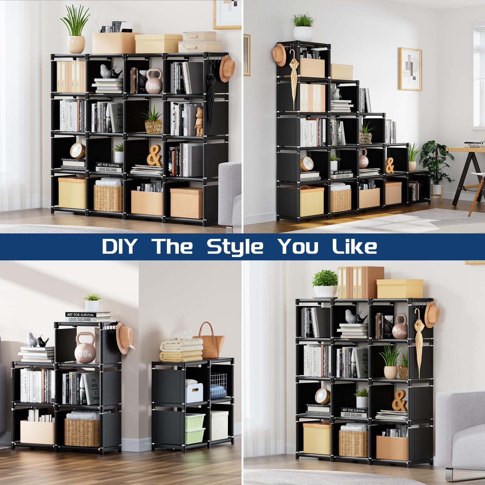 Book Storage Organizer,16 Cuble DIY Bookcase Closet for Bedroom Living Room Office,Book Shelf Organizer,Tall Bookcase Shelf, Assembled Cubicle Shelf