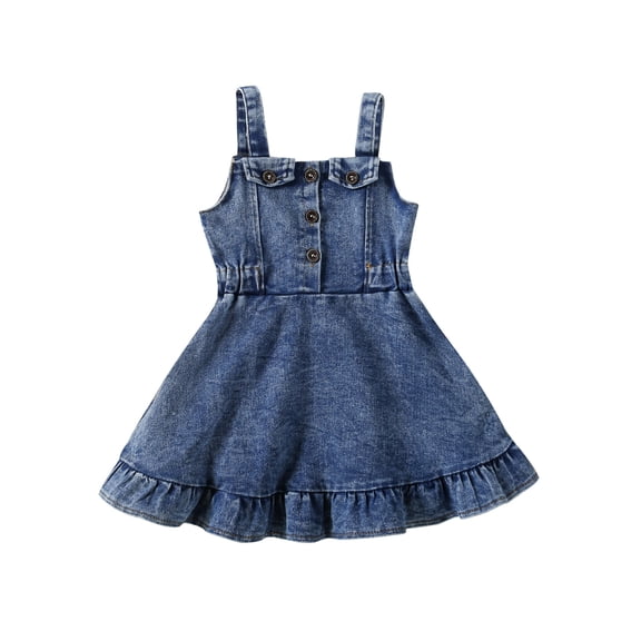 Spewahor Toddler Girls Summer Denim Dress, Fashion Sleeveless Button Down Ruffle Tank Dress 6M-4T