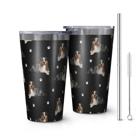 16oz Tumblers Australian Shepherd Dog and Footprints Stainless Steel Vacuum Insulated Double Wall Travel Tumbler Cups Mug with Lid and Straw,Cleaning Brush for Coffee,Tea