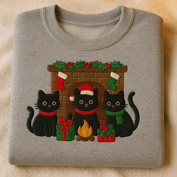 Black Cats Fireplace Embroidered Sweatshirt, Christmas Kitty Hoodie, Cozy Holiday Cat Crewneck, Feline Lover T-Shirt, Winter Home Gift