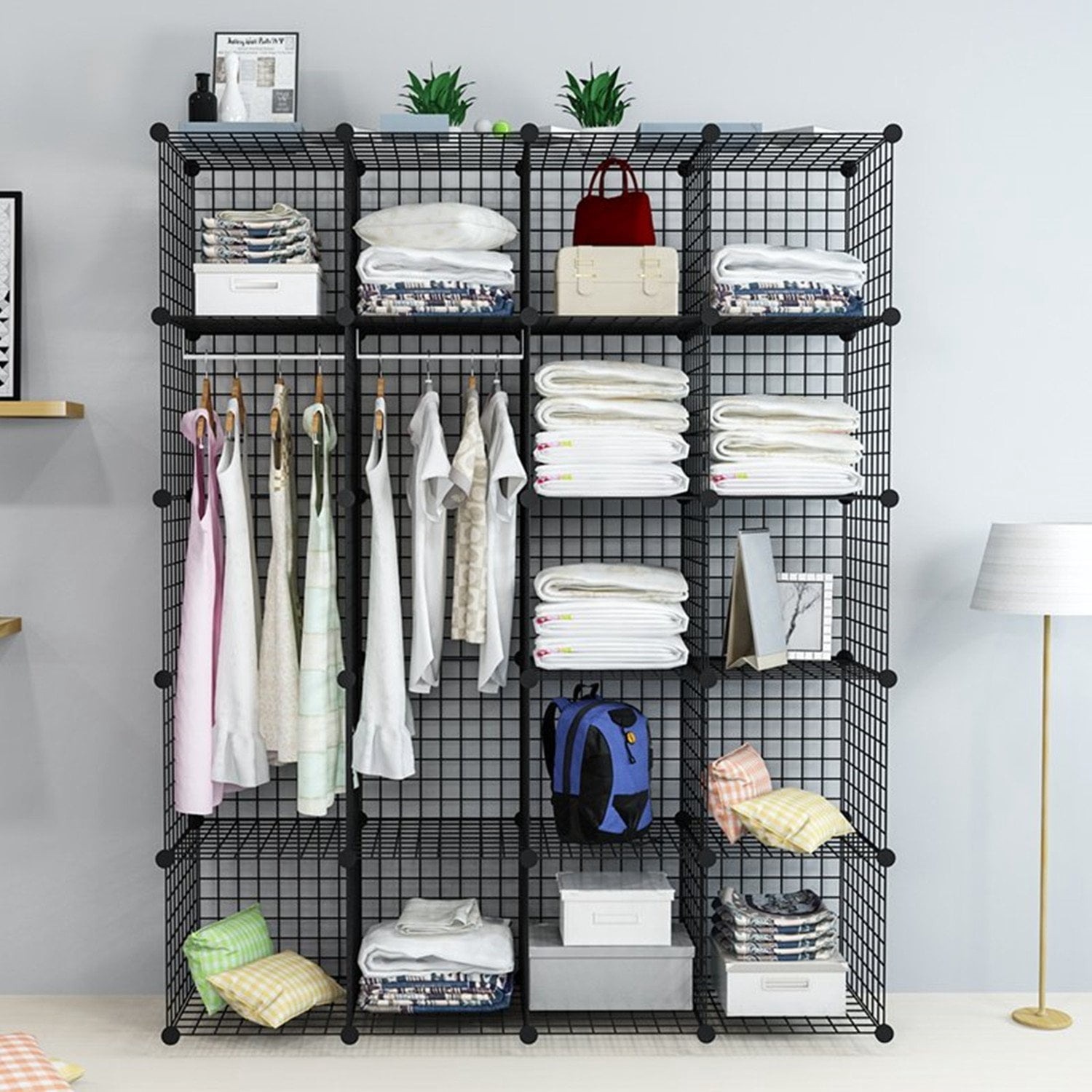 UNICOO® 14 * 14 inch big cube Multi Use DIY 20 Cube Wire Grid Organizer,Wardrobe Organizer, Bookcase, Book Shelf, Storage Organizer, Wardrobe Closet - (Black Wire)