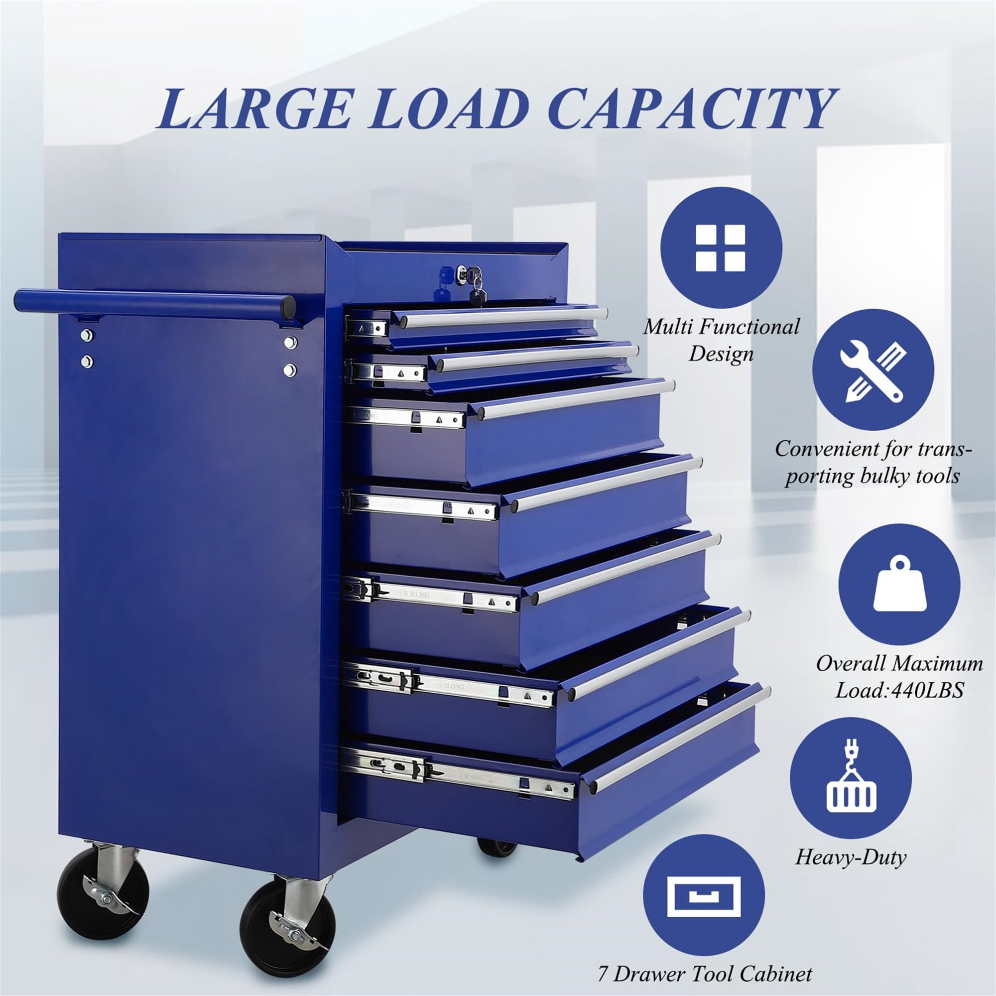 Aukfa Tool Chest, 24.5 in 7-Drawer Steel Rolling Tool Box on Wheels for Workshop Garage, Blue