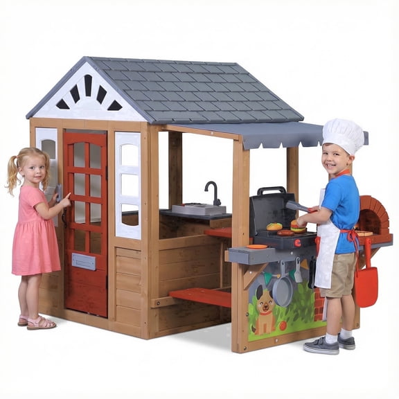 Funride Wooden Playhouse with BBQ Grill, Interactive Kitchen Outdoor Playhouse, Food, Whiteboard, Mail Receiver, for Indoor & Outdoor