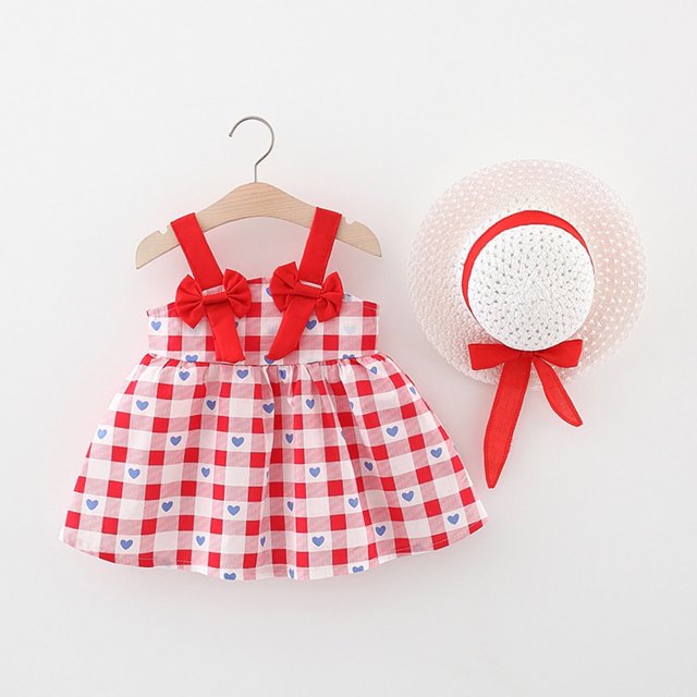 Vestido de verano con tirantes y estampado de flores para niña pequeña con lazo y sombrero