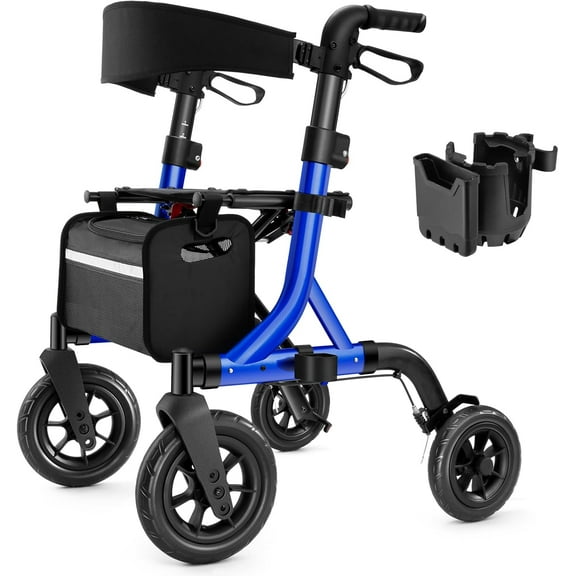 Walkers for Seniors, Rollator Walker with Seat, 10" Rubber Wheels All Terrain Rollator Walker with Backrest, Aluminum Walkers Built-in Cable, Foldable and Adjustable Height for Seniors, Blue