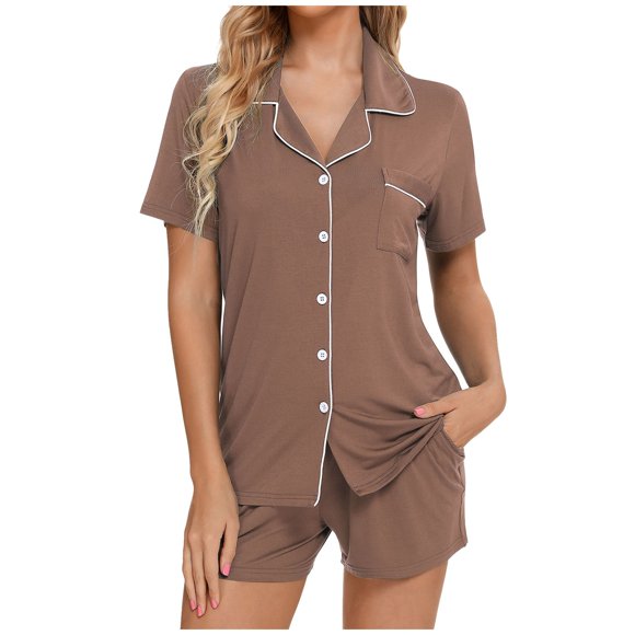GDREDA Women's Nightwear Set Womens Pajamas Set Short Sleeve Sleepwear Button Down Nightwear Shorts Soft Home Wear Sets Women Pajama Sets pyjamas Brown,S