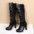 thumbnail image 3 of Womens Vintage Victorian Knee High Boots with Back Zipper Gothic Block High Heel Multiple Buckle Round Toe Y2K Knight Combat Boots, 3 of 5
