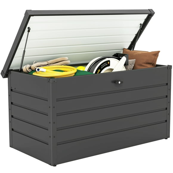 Outsunny Large Grey Steel Deck Box with Lock - 47.2" Outdoor Storage Container Bench for Patio, Garden Tools, Pool Toys, Furniture & Equipment