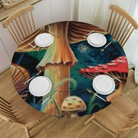 

Round Fitted Table Cloth Mushroom Flower Elastic Tablecloth for Round Tables Forest Boho Waterproof