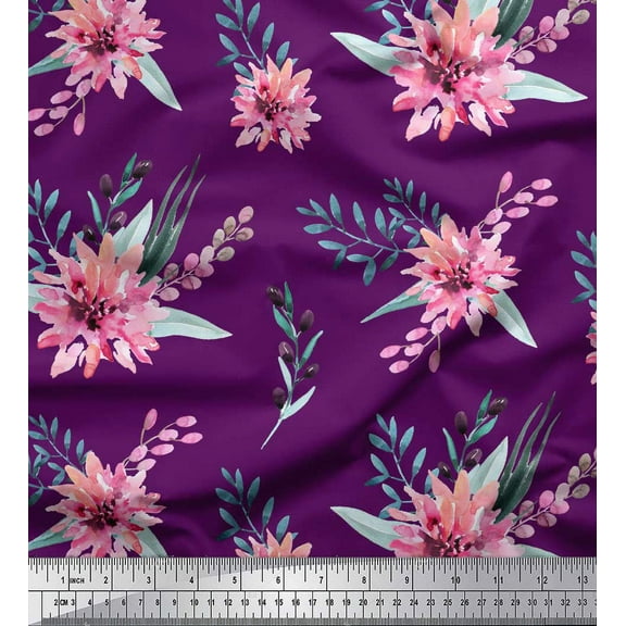 Soimoi Purple Cotton Duck Fabric Leaves & Chrysanthemum Floral Printed Craft Fabric by the Yard 42 Inch Wide