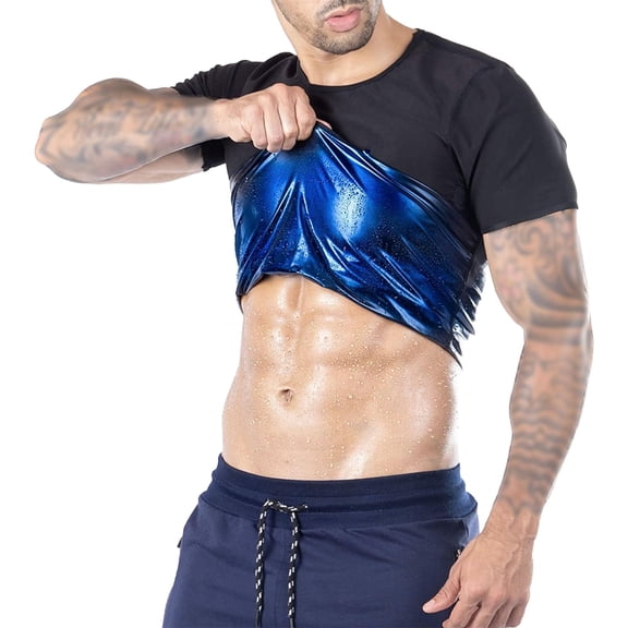 Mfakffe Sauna Sweat Suit Weight Loss Shapewear Top Shirt Waist Vest Trainer Workout Exercise Fitness Gym Short Sleeves Men(Blue,2XL)