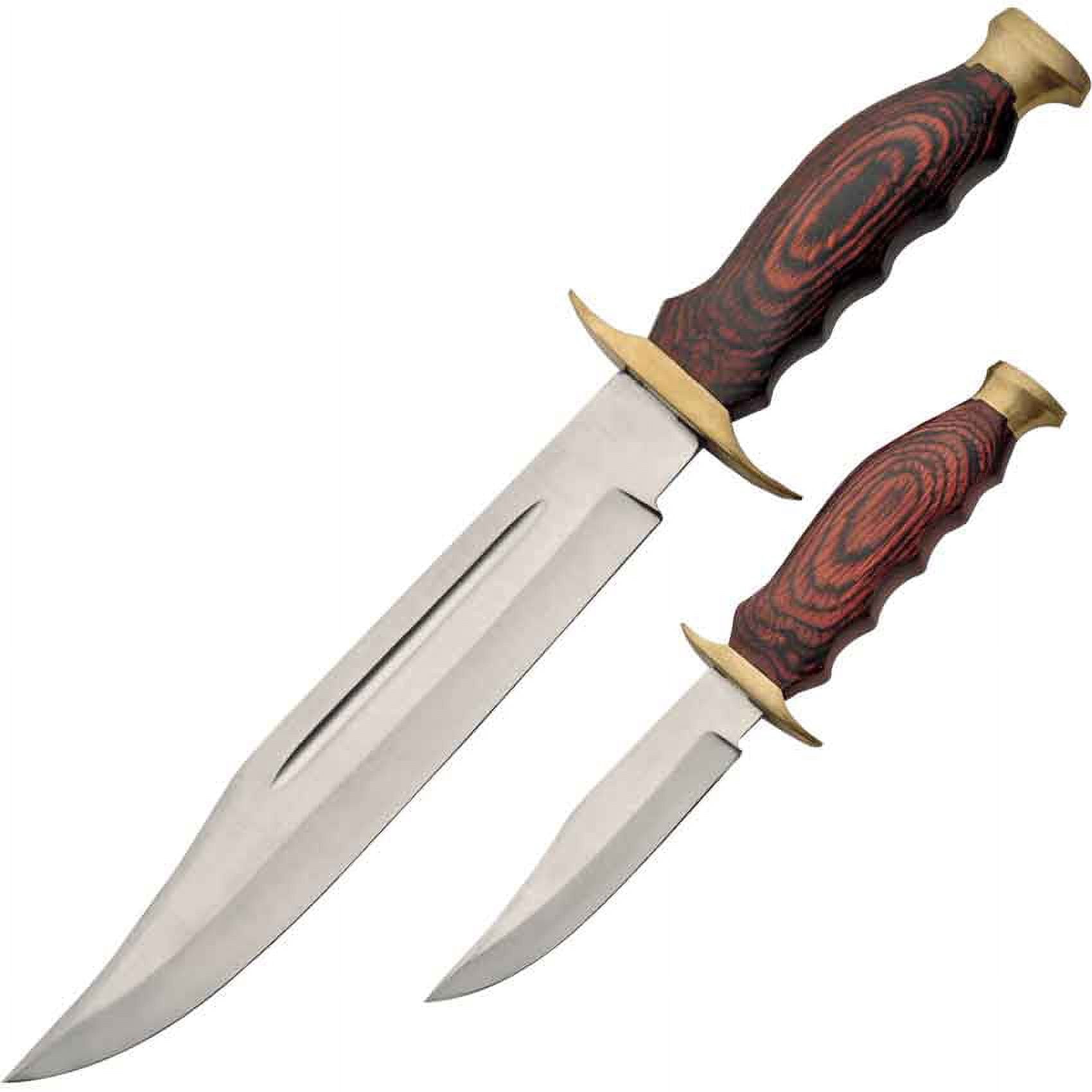 SZCO 2 Piece Fixed Blade Hunting Knife Set 8 Inch and 14 Inch Brown Wood Handle with Leather Sheath Outdoor Camping Utility Knife Combo
