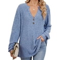 thumbnail image 1 of Camisa Henley de Larga para Mujer, Cuello en V, Suéteres Casuales Elegantes, Ropa de Moda para Otoño. Azul Colorido S, 1 of 10