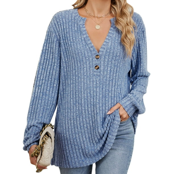 Camisa Henley de Larga para Mujer, Cuello en V, Suéteres Casuales Elegantes, Ropa de Moda para Otoño. Azul Colorido S