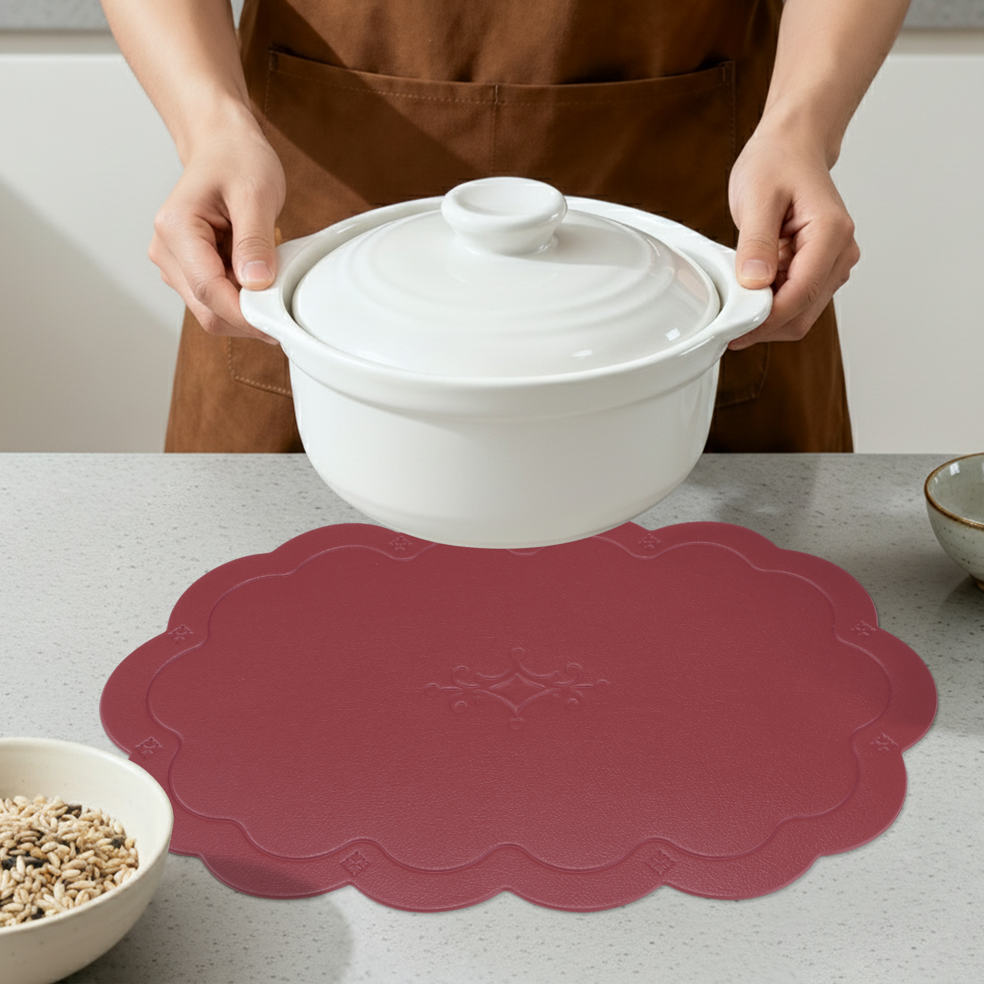 Unique Bargains Set of 6 Leather Waterproof Placemats for Kitchen Dining Table Wine Red