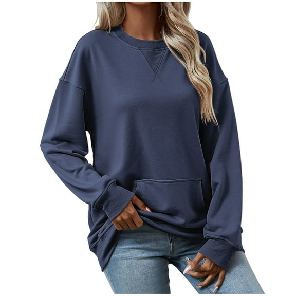Xcmzpl Womens Sweatshirts Basic Solid Color Round Neck Sweatshirt Lightweight Sweater Tops Cotton Long Sleeve Blouses Fall Fashion