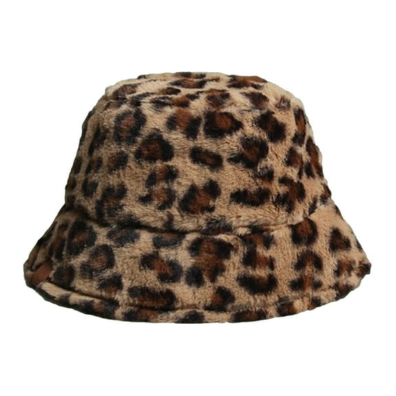 Women Plush Fuzzy Bucket Hat Imitation Rabbit Fur Adjustable Simple Fashionable Warm Hat for Autumn and Winter Leopard Print