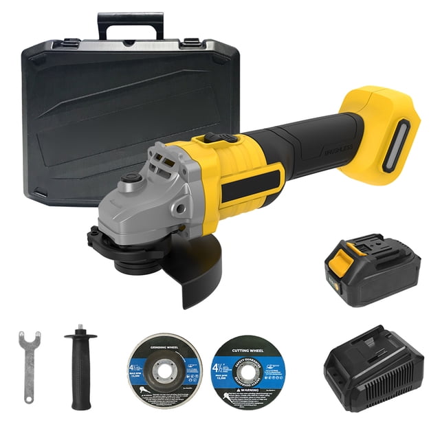 Amoladora angular de potencia de 4-1/2'' 115 mm sin escobillas de 20 V, funciona con batería de iones de litio de 4.0 Ah y cargador rápido, amoladora eléctrica de mano para metal incluida muela de cor