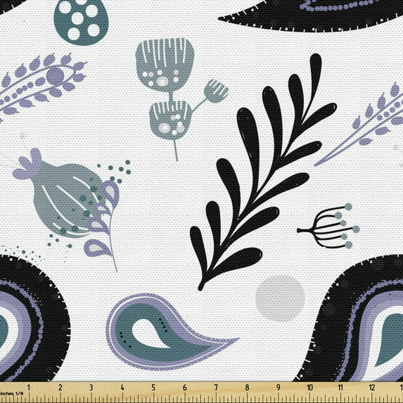 Floral Fabric by the Yard, Paisley with Ornaments Eastern Feels Oriental Design, Decorative Upholstery Fabric for Sofas and Home Accents, Night Blue Ceil Blue by Ambesonne