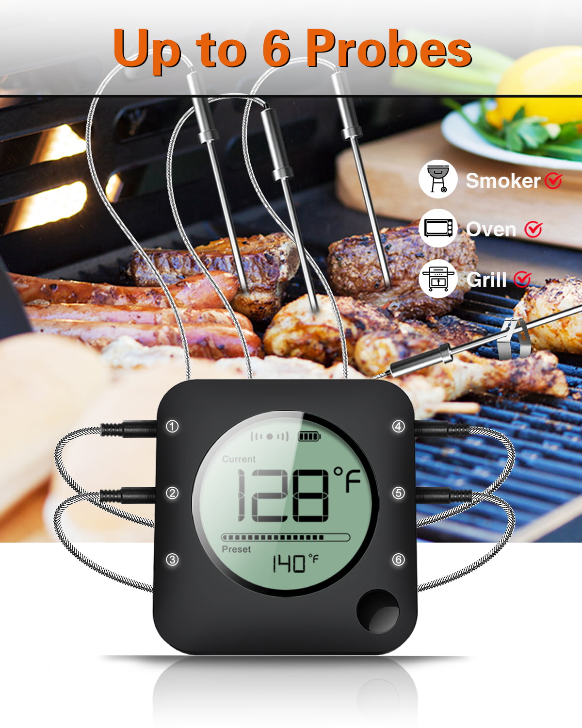  BFOUR Meat Thermometer Wireless Bluetooth, LCD Digital Meat  Thermometer with Dual Probe, Wireless Remote BBQ Thermometer for Smoker  Kitchen Cooking Grill Thermometer Timer for Grilling BBQ Oven: Home &  Kitchen