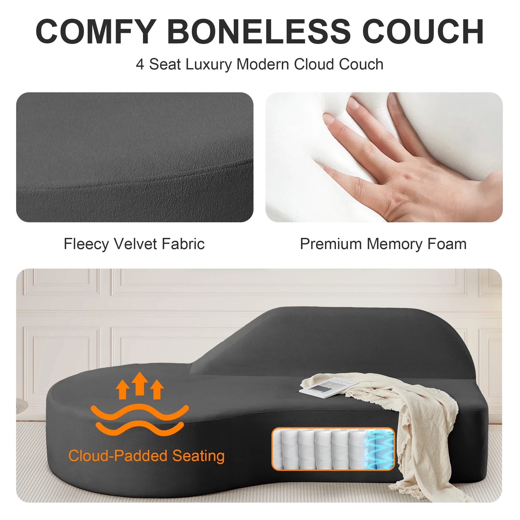 Aukfa 91" Comfy Cloud Sofa 3 Seat Boneless Couch for Living Room, Curved Design, No Assembly, Chenille, Gray