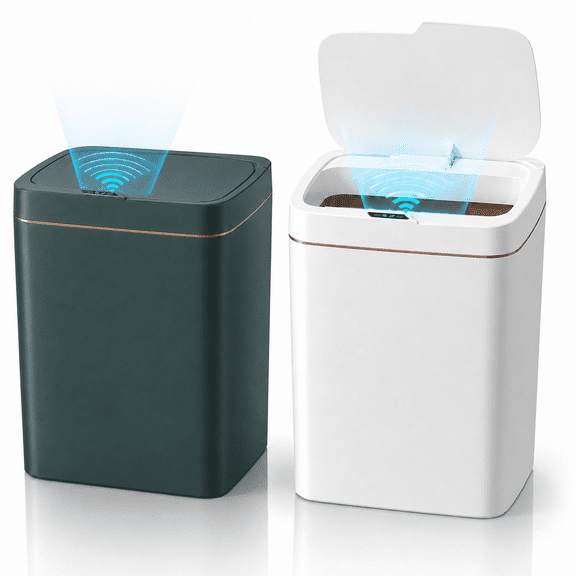 Qivora 2 Pack 4 Gallon Automatic Bathroom Trash Cans with Lids, Touchless Motion Sensor Slim Wastebaskets for Bedroom, Office, Living Room, Plastic Trash Bins for Toilet, White & Green