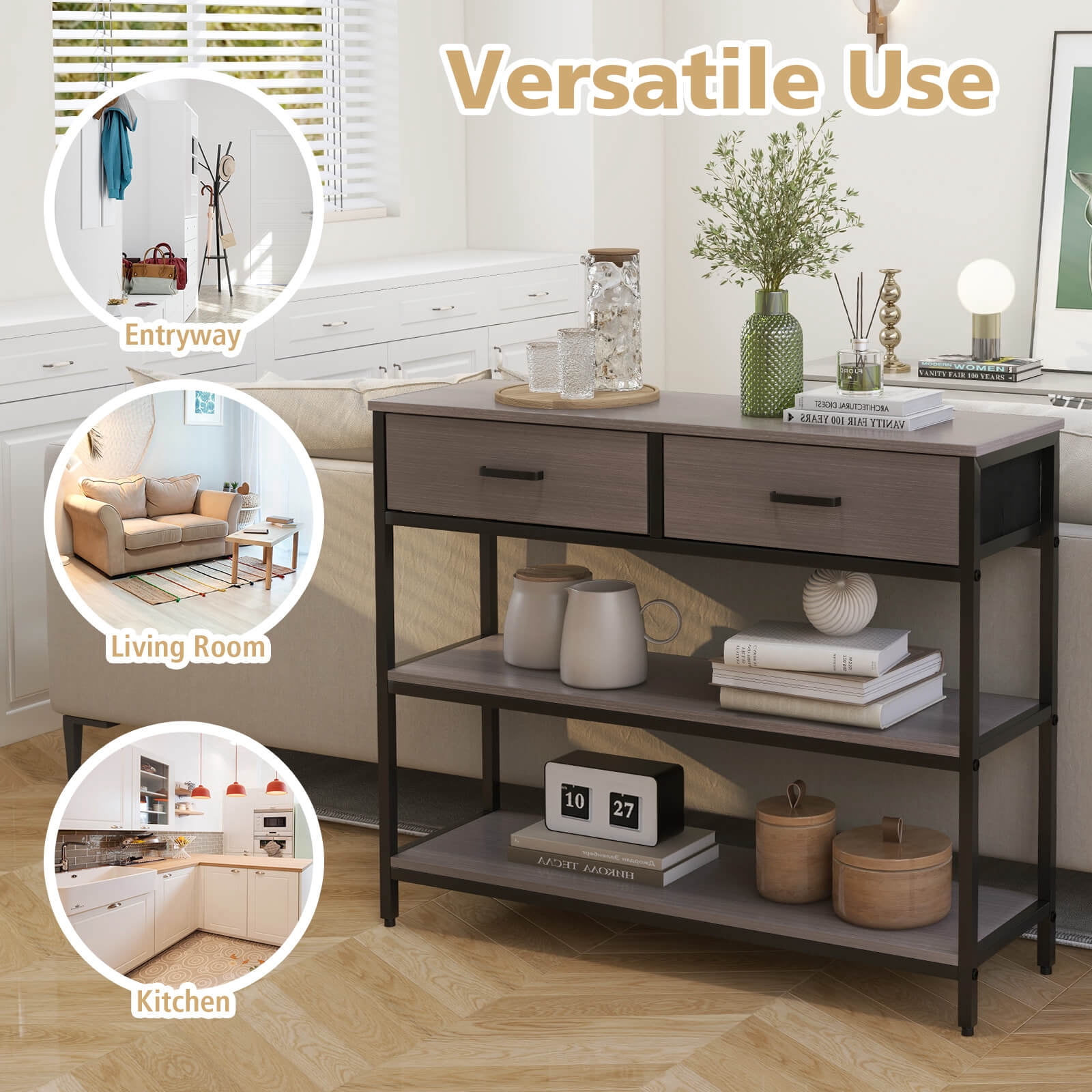 Costway Console Entryway Table Sofa Side Table with Folding Fabric Drawers for Living Room Gray