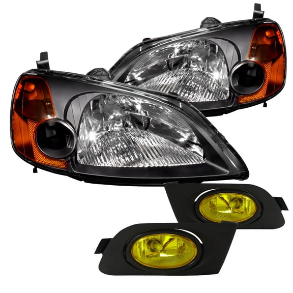Spec-D Tuning Black Headlights W/ Yellow Fog Lamps Kit Compatible with 2001-2003 Honda Civic 2/4Dr Left   Right Pair