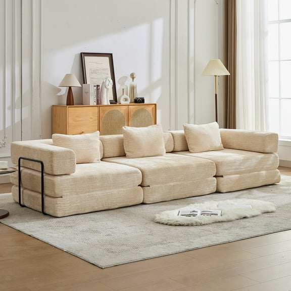 Convertible Chenille Sofa Bed Beige | Modular Sectional Floor Couch | No Assembly | Memory Foam Filler | 118" Living Room Furniture